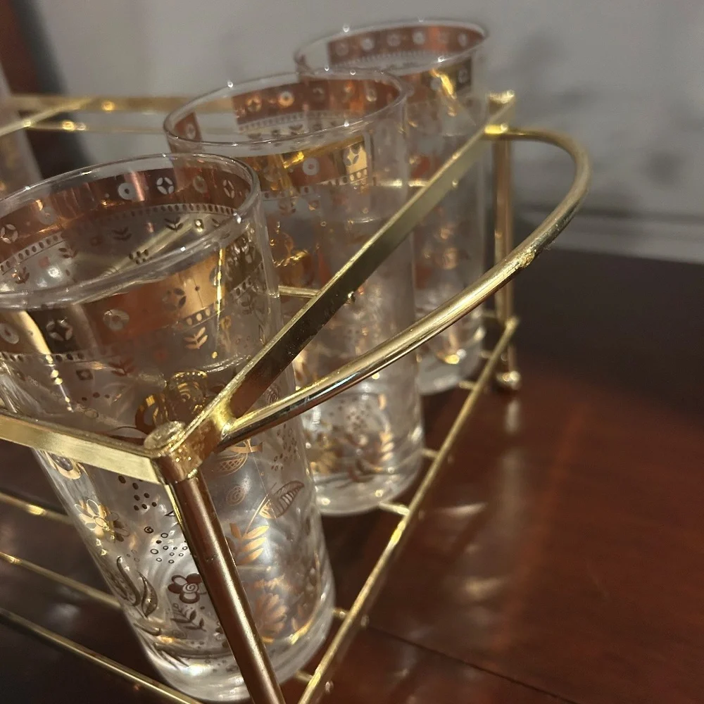 Vintage Georges Briard 6 Glass Drinkware Bar Set Caddy Bucket Top